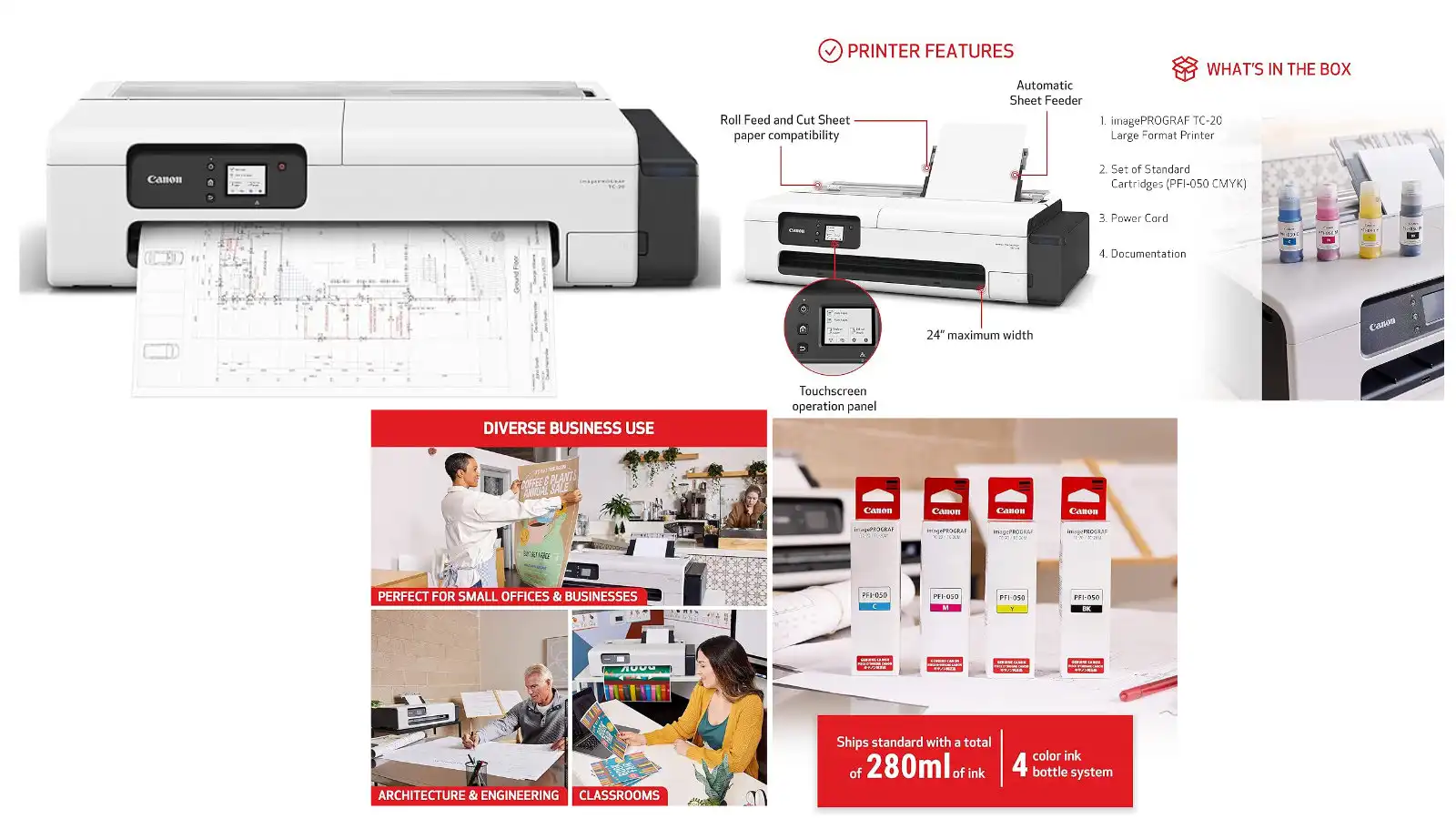 Canon imagePROGRAF TC-20 24" Large Format Poster & Plotter Printer - Automatic Roll & Cut Sheet Paper Feeder, Ships with 280ml of Ink - USB, Wi-Fi, LAN,White