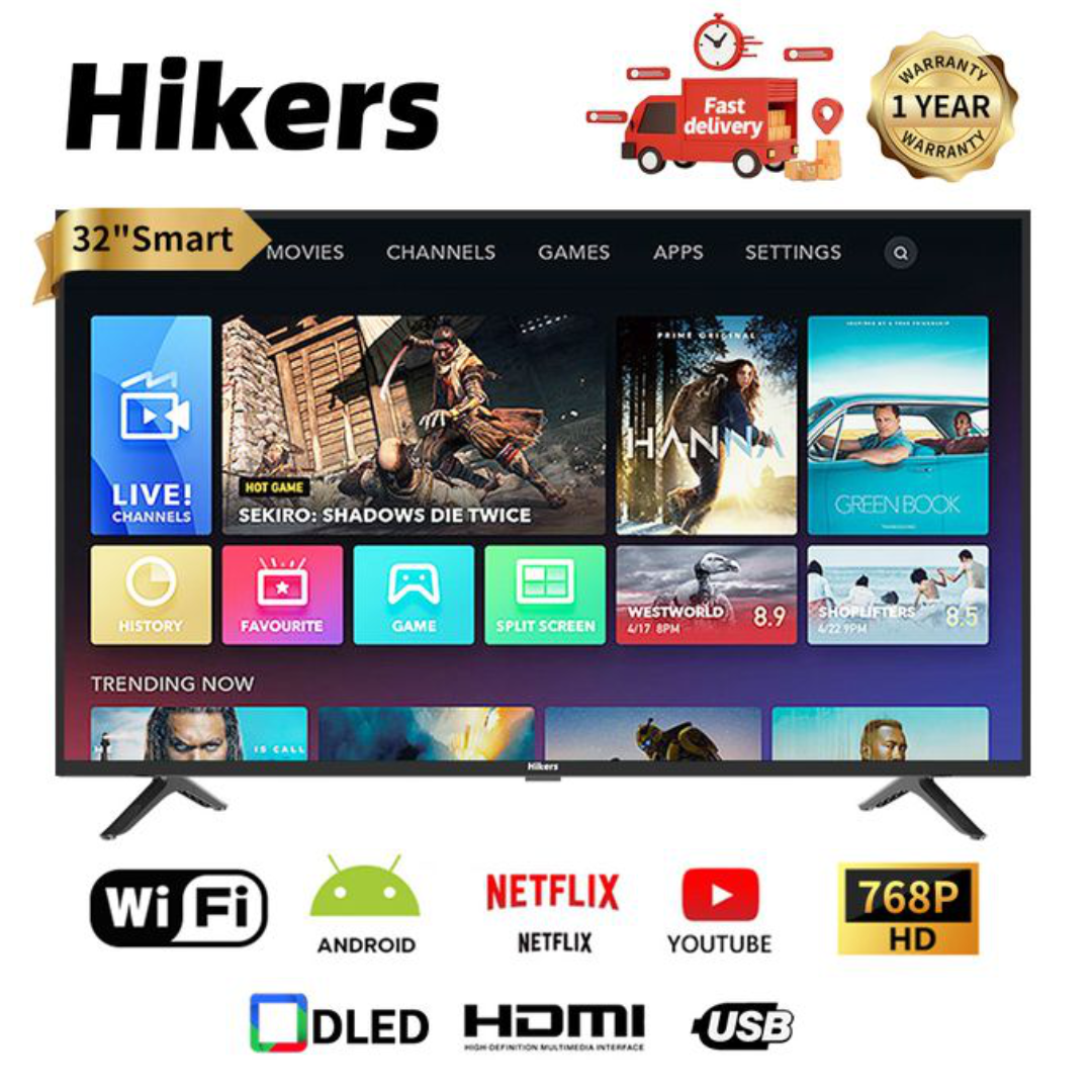 Hikers 32'' Inch Frameless Android Smart HD LED TV-Black-One Year Warranty