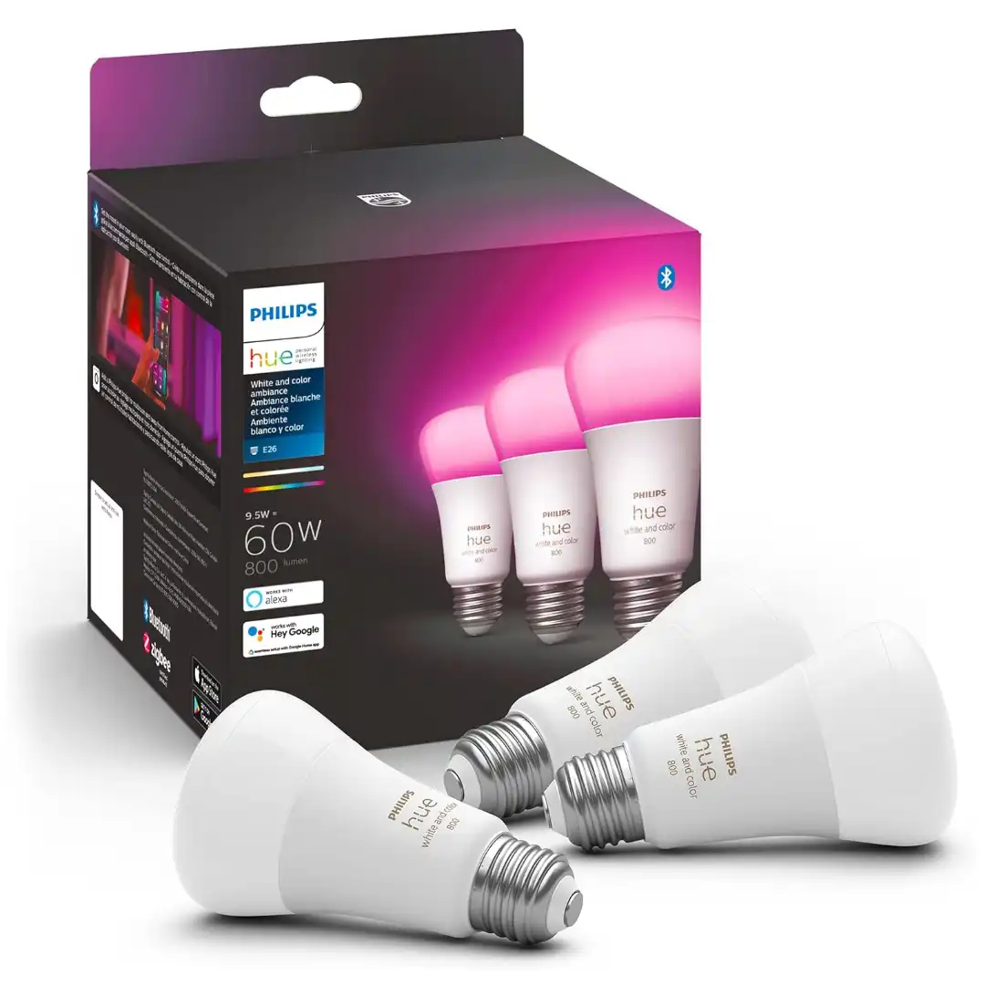 Philips Hue Smart 60W A19 LED Bulb - White and Color Ambiance Color-Changing Light - 3 Pack - 800LM - E26 - Indoor - Control with Hue App