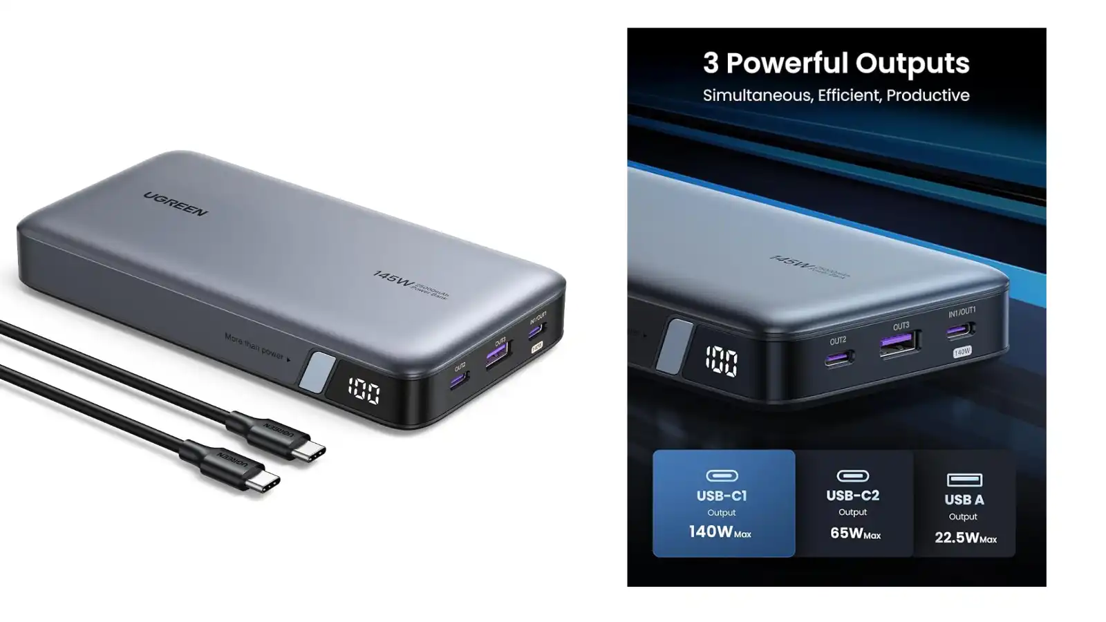 Ugreen Power Bank 25000mAh 145W-Laptop Portable Charger Nexode 3 Port USB C PD Battery Pack