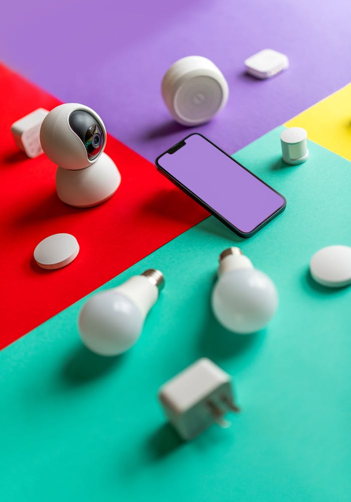Modern smart home gadgets displayed on a colorful abstract background with vibrant lighting.