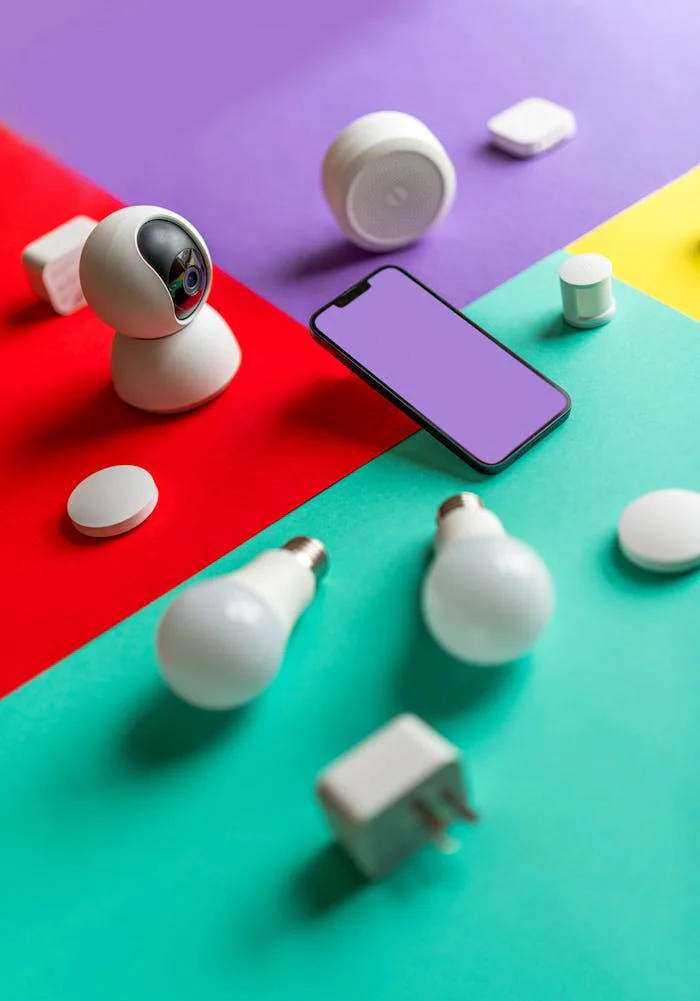Modern smart home gadgets displayed on a colorful abstract background with vibrant lighting.