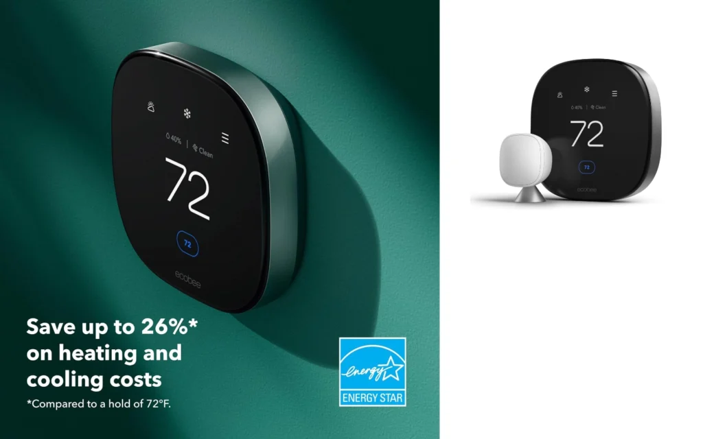 ecobee app on smartphone showing 72°F home mode energy report and room sensor readings - best smart thermostat