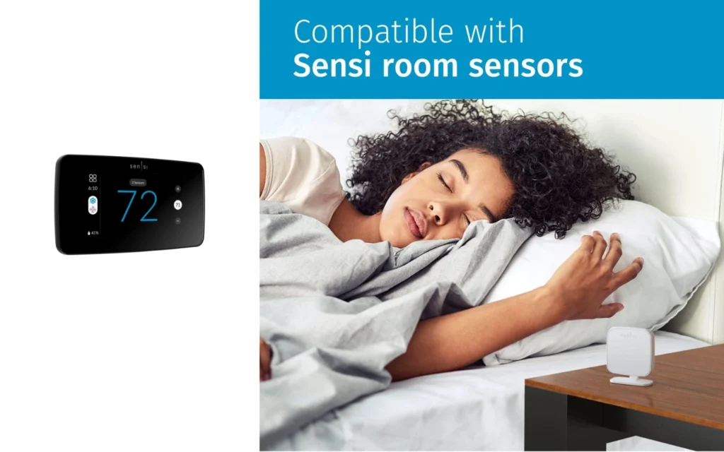 Sensi Touch 2 color touchscreen thermostat showing schedule interface Wi-Fi Alexa enabled on gray wall