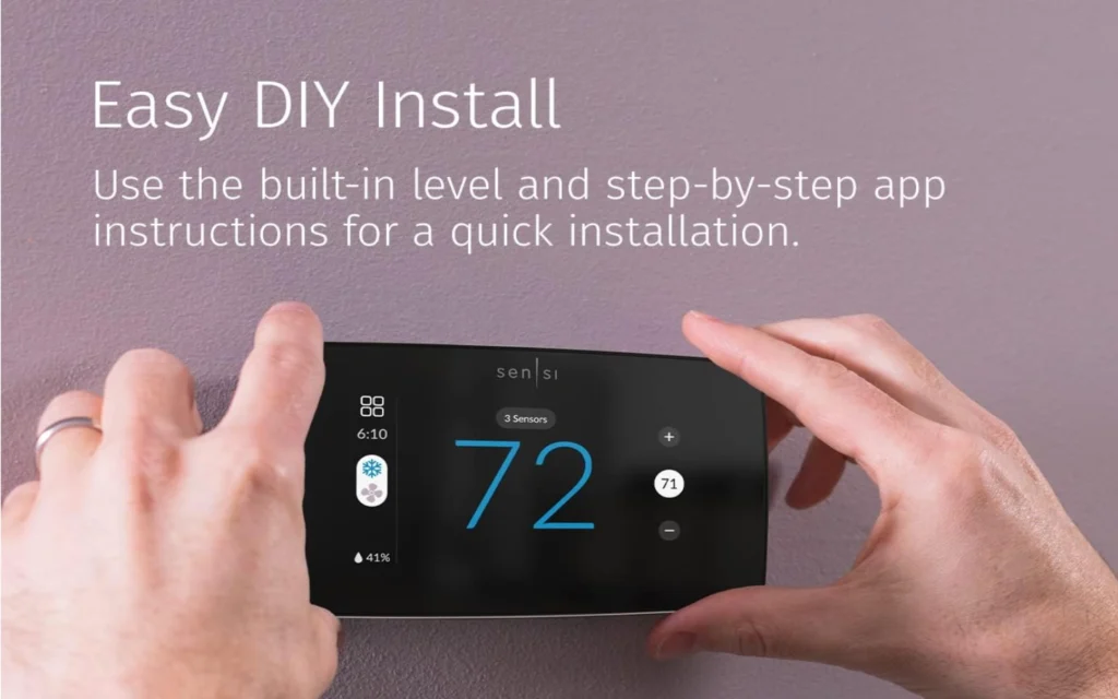 ecobee Essential packaging showing Energy Star badge Wi-Fi and multi voice assistant compatibility icons