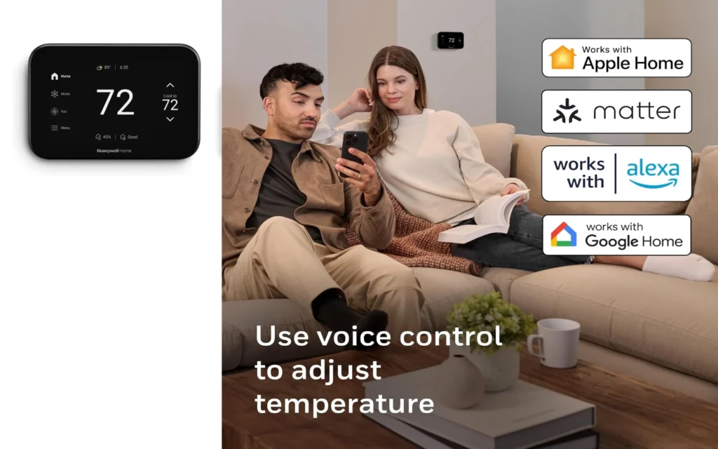 Honeywell X8S black touchscreen thermostat displaying air quality and room temperature on modern wall