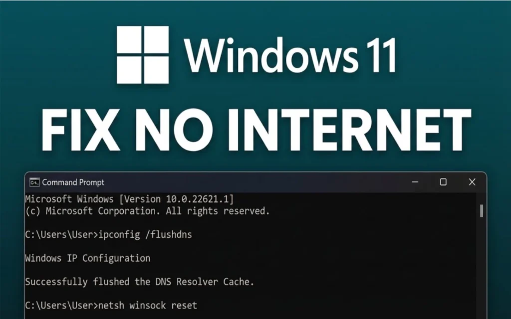 Command Prompt window showing ipconfig flushdns and netsh winsock reset commands for fixing Windows 11 network issues
