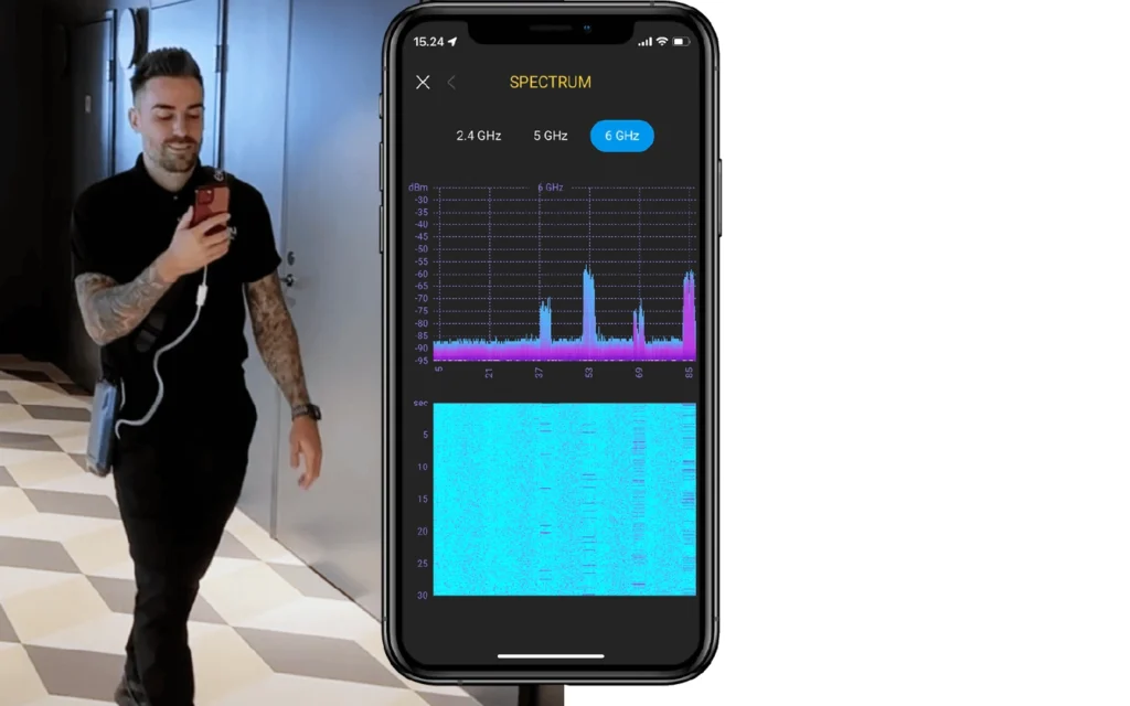 Screenshot of WiFi analyzer app showing channel congestion with 2.4GHz and 5GHz bands