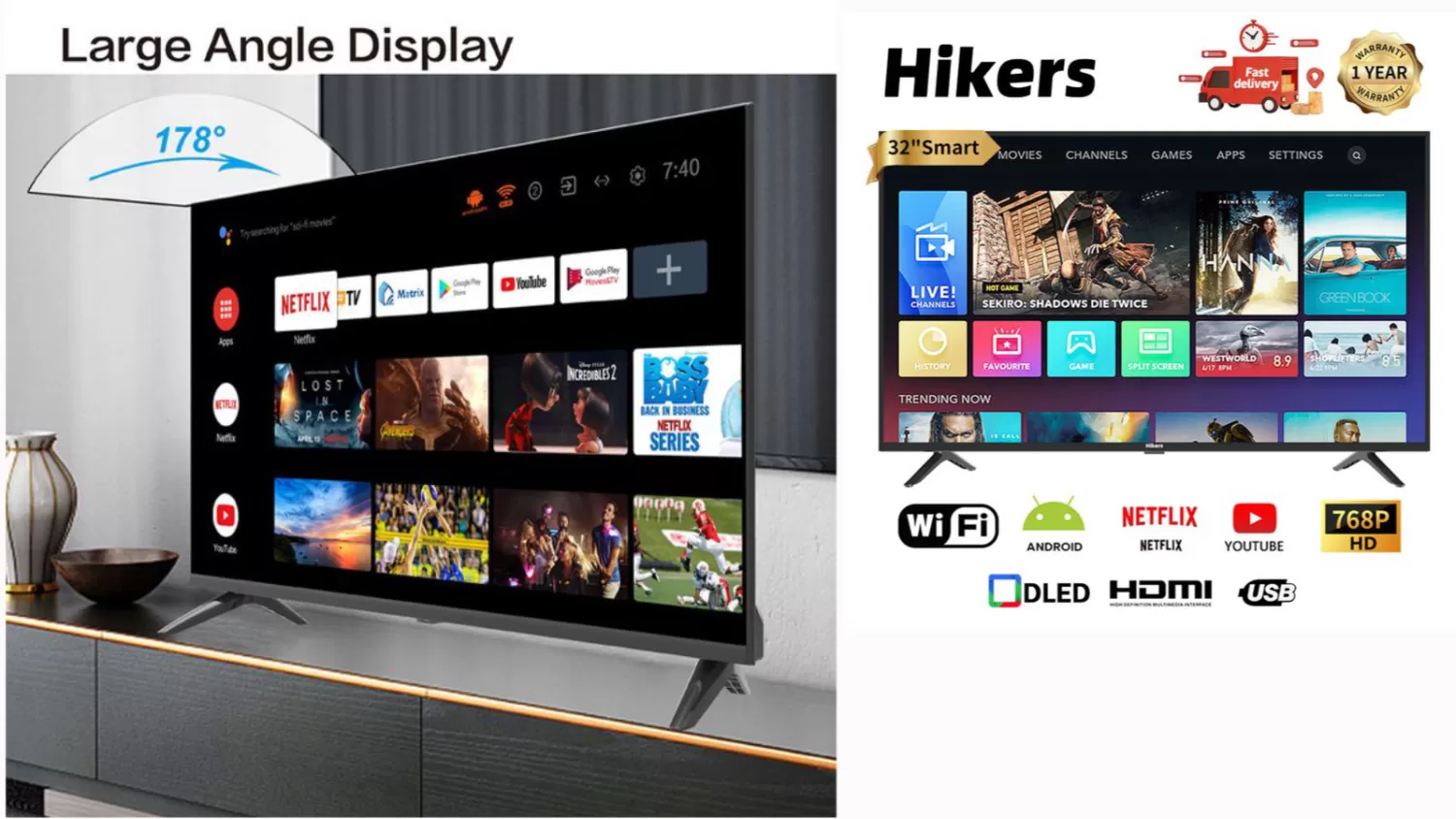 Hikers 32'' Inch Frameless Android Smart HD LED TV-Black-One Year Warranty 2