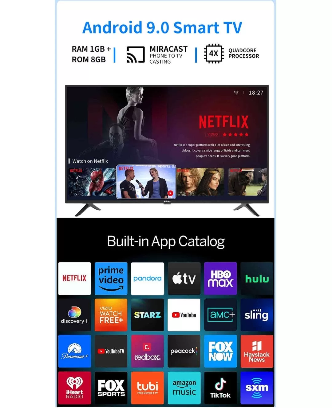 Hikers 32'' Inch Frameless Android Smart HD LED TV-Black-One Year Warranty